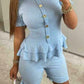 Womens Fine Ribbed Short Sleeve Frill Button Shorts Co ord Set