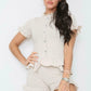 Womens Fine Ribbed Short Sleeve Frill Button Shorts Co ord Set